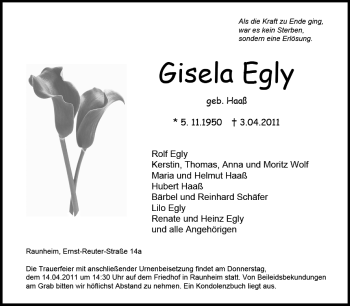 Traueranzeige von Gisela Egly von Rüsselsheimer Echo, Groß-Gerauer-Echo, Ried Echo