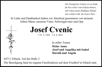 Traueranzeige von Josef Cvenic von Odenwälder Echo