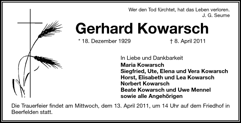 Traueranzeige für Gerhard Kowarsch vom 12.04.2011 aus Odenwälder Echo