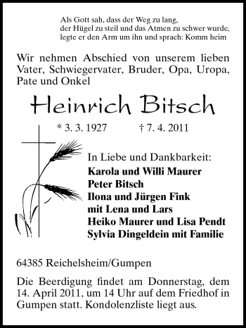 Traueranzeige von Heinrich Bitsch von Odenwälder Echo