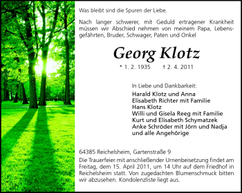 Traueranzeige von Georg Klotz von Odenwälder Echo