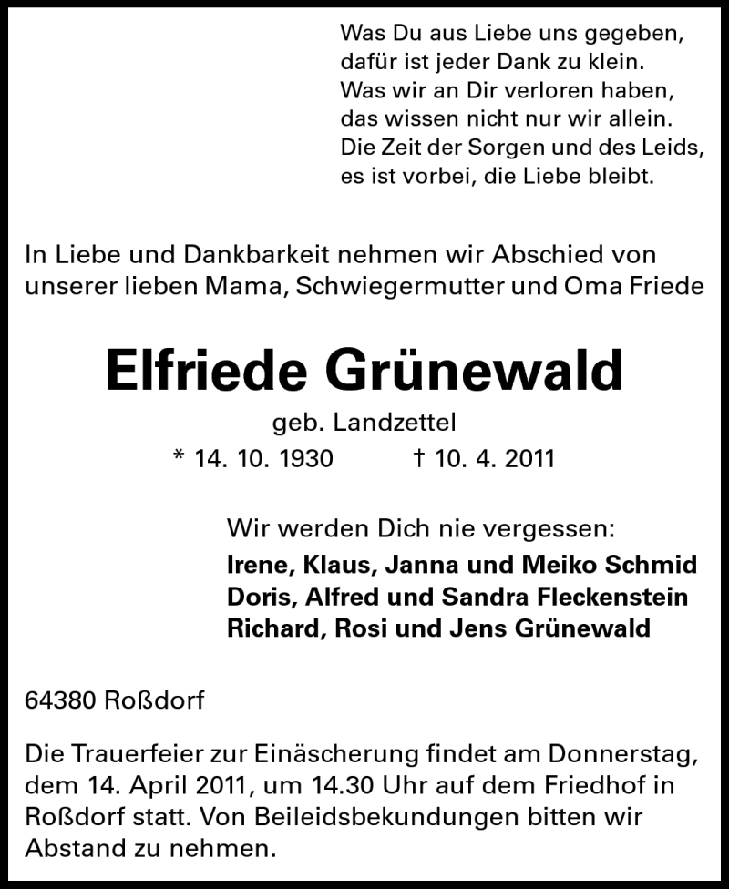  Traueranzeige für Elfriede Grünewald vom 13.04.2011 aus Echo-Zeitungen (Gesamtausgabe)