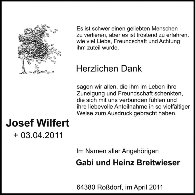  Traueranzeige für Josef Wilfert vom 13.04.2011 aus Echo-Zeitungen (Gesamtausgabe)
