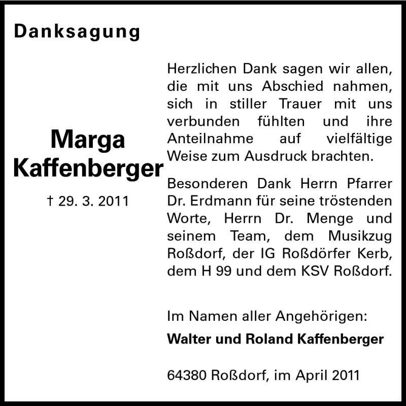  Traueranzeige für Marga Kaffenberger  vom 16.04.2011 aus Echo-Zeitungen (Gesamtausgabe)