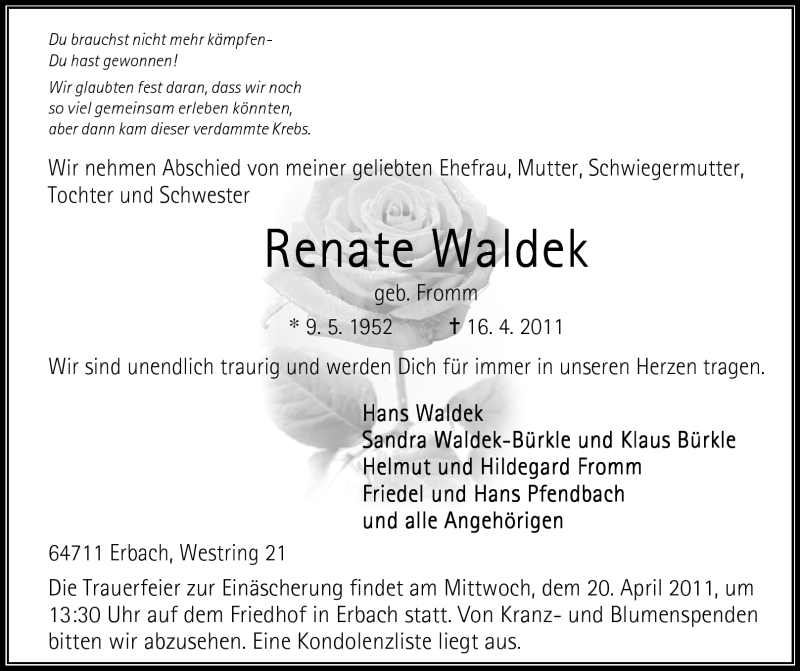  Traueranzeige für Renate Waldek vom 19.04.2011 aus Odenwälder Echo