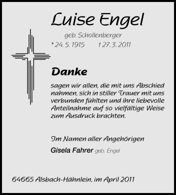 Traueranzeige von Luise Engel von Echo-Zeitungen (Gesamtausgabe)