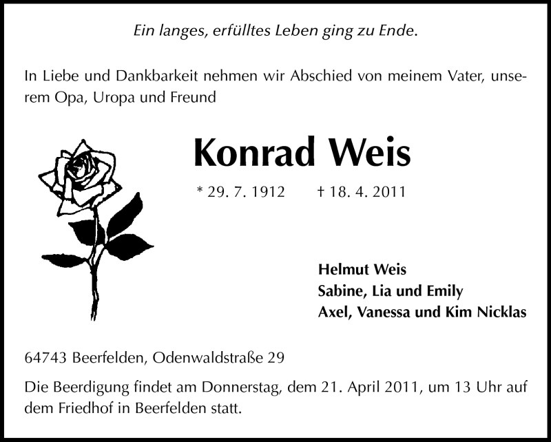  Traueranzeige für Konrad Weis vom 20.04.2011 aus Odenwälder Echo