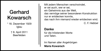 Traueranzeige von Gerhard Kowarsch von Odenwälder Echo