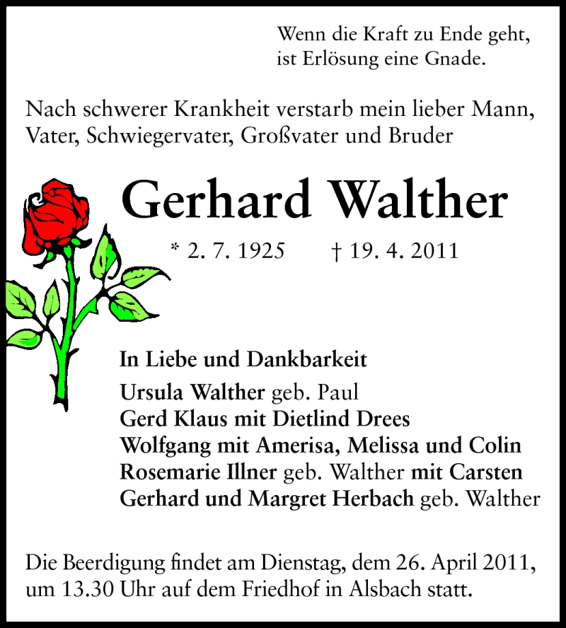  Traueranzeige für Gerhard Walther vom 21.04.2011 aus Echo-Zeitungen (Gesamtausgabe)