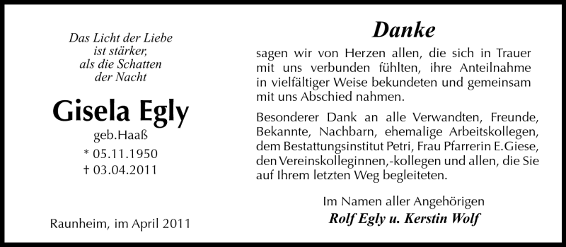  Traueranzeige für Gisela Egly vom 27.04.2011 aus Rüsselsheimer Echo, Groß-Gerauer-Echo, Ried Echo