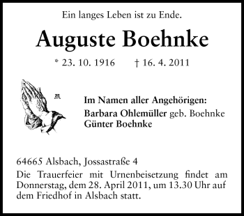 Traueranzeige von Auguste Boehnke von Echo-Zeitungen (Gesamtausgabe)