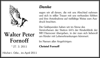 Traueranzeige von Walter Peter Fornoff von Odenwälder Echo