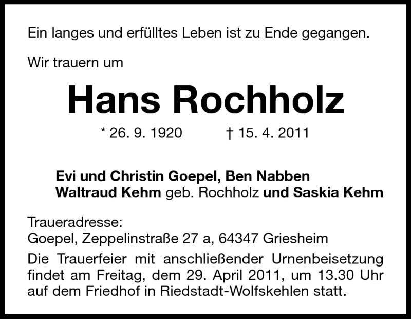  Traueranzeige für Hans Rochholz vom 27.04.2011 aus Echo-Zeitungen (Gesamtausgabe)