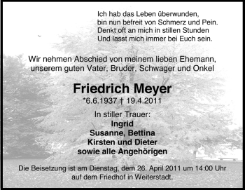 Traueranzeige von Friedrich Meyer von Echo-Zeitungen (Gesamtausgabe)
