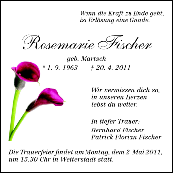 Traueranzeige von Rosemarie Fischer von Echo-Zeitungen (Gesamtausgabe)