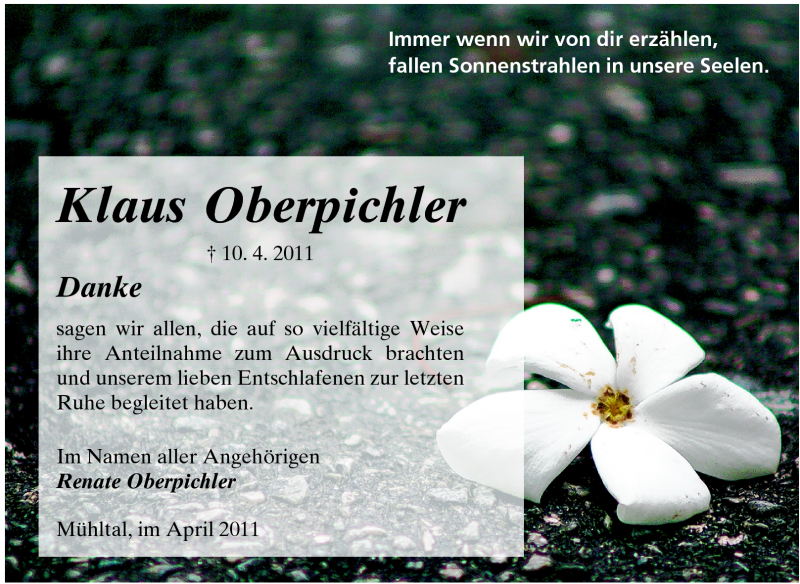  Traueranzeige für Klaus Oberpichler vom 30.04.2011 aus Echo-Zeitungen (Gesamtausgabe)