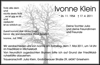 Traueranzeige von Ivonne Klein von Echo-Zeitungen (Gesamtausgabe)