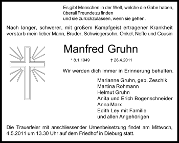 Traueranzeige von Manfred Gruhn von Echo-Zeitungen (Gesamtausgabe)