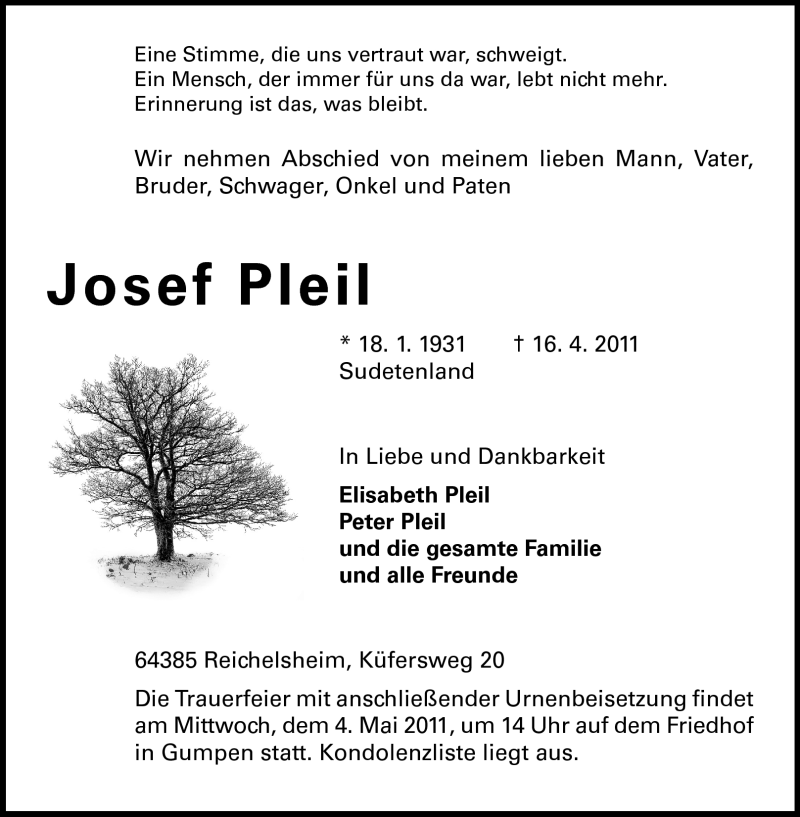  Traueranzeige für Josef Pleil vom 30.04.2011 aus Odenwälder Echo