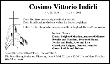 Traueranzeige von Cosimo Vittorio Indirli von Rüsselsheimer Echo, Groß-Gerauer-Echo, Ried Echo