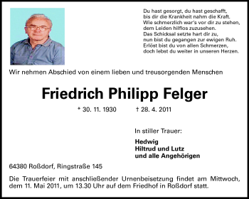 Traueranzeige von Friedrich Philipp Felger von Echo-Zeitungen (Gesamtausgabe)