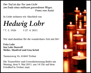 Traueranzeige von Hedwig Lohr von Rüsselsheimer Echo, Groß-Gerauer-Echo, Ried Echo