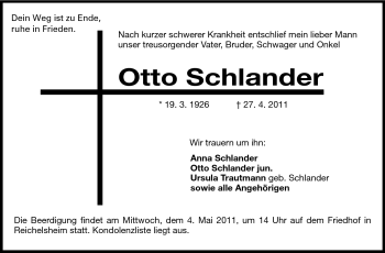 Traueranzeige von Otto Schlander von Odenwälder Echo