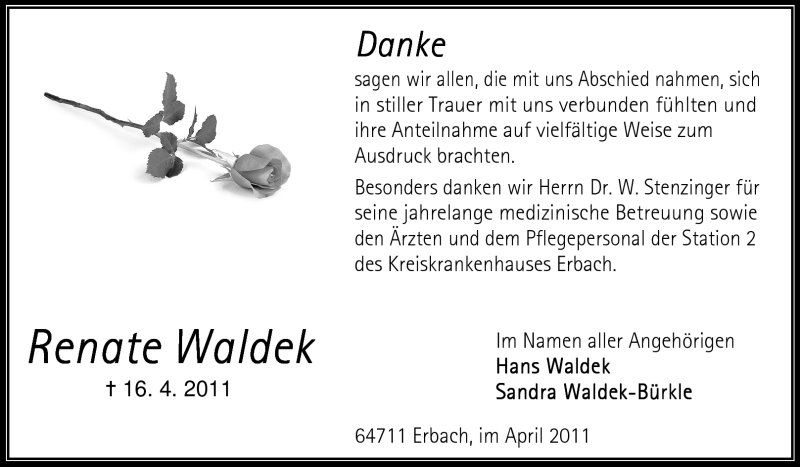  Traueranzeige für Renate Waldek vom 04.05.2011 aus Odenwälder Echo