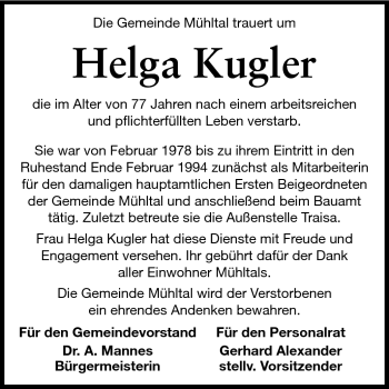 Traueranzeige von Helga Kugler von Echo-Zeitungen (Gesamtausgabe)