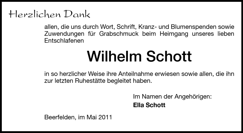 Traueranzeige für Wilhelm Schott vom 06.05.2011 aus Odenwälder Echo