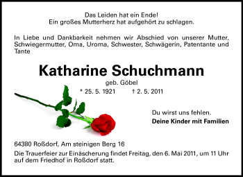 Traueranzeige von Katherine Schuchmann von Echo-Zeitungen (Gesamtausgabe)