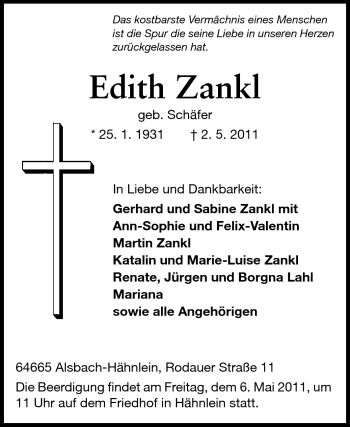 Traueranzeige von Edith Zenkl von Echo-Zeitungen (Gesamtausgabe)
