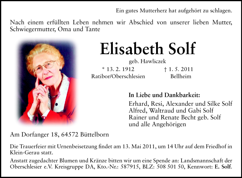  Traueranzeige für Elisabeth Solf vom 10.05.2011 aus Darmstädter Echo, Odenwälder Echo, Rüsselsheimer Echo, Groß-Gerauer-Echo, Ried Echo
