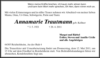 Traueranzeige von Annamarie Trautmann von Odenwälder Echo