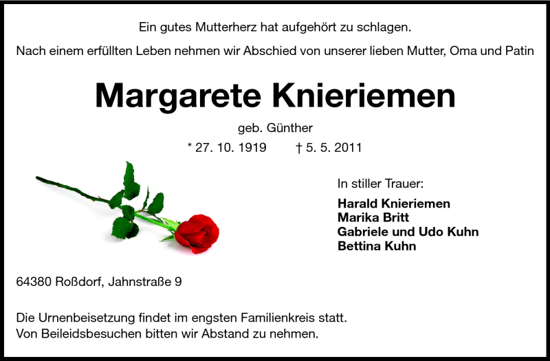  Traueranzeige für Margarete Knieriemen vom 11.05.2011 aus Echo-Zeitungen (Gesamtausgabe)