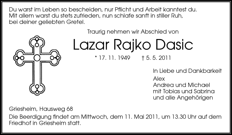  Traueranzeige für Lazar Rajko Dasic vom 10.05.2011 aus Echo-Zeitungen (Gesamtausgabe)