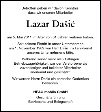 Traueranzeige von Lazar Rajko Dasic von Echo-Zeitungen (Gesamtausgabe)