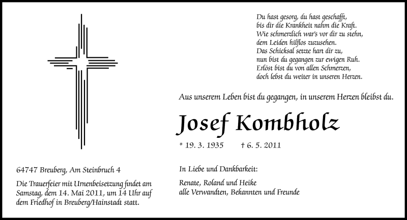  Traueranzeige für Josef Krombholz vom 12.05.2011 aus Odenwälder Echo