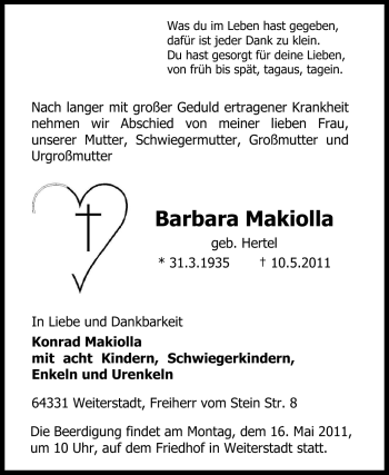Traueranzeige von Barbara Makiolla von Echo-Zeitungen (Gesamtausgabe)