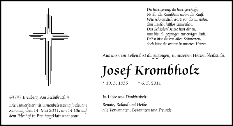  Traueranzeige für Josef Krombholz vom 13.05.2011 aus Odenwälder Echo