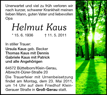 Traueranzeige von Helmut Kaus von Rüsselsheimer Echo, Groß-Gerauer-Echo, Ried Echo