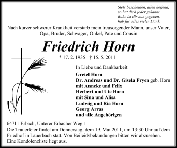 Traueranzeige von Friedrich Horn von Odenwälder Echo