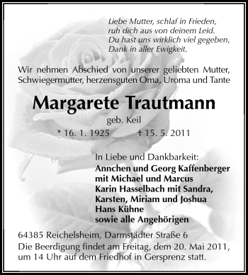 Traueranzeige von Margarete Trautmann von Odenwälder Echo