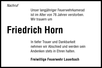 Traueranzeige von Friedrich Horn von Odenwälder Echo