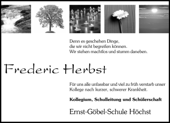 Traueranzeige von Frederic Herbst von Odenwälder Echo