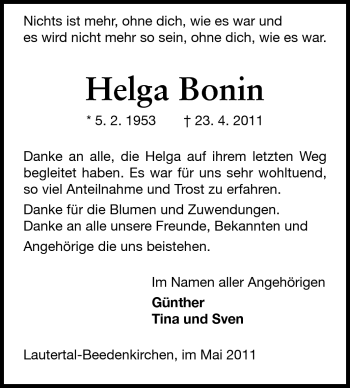 Traueranzeige von Helga Bonin von Echo-Zeitungen (Gesamtausgabe)