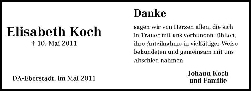  Traueranzeige für Johann Koch vom 21.05.2011 aus Darmstädter Echo, Odenwälder Echo, Rüsselsheimer Echo, Groß-Gerauer-Echo, Ried Echo