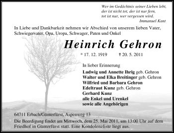 Traueranzeige von Heinrich Gehron von Odenwälder Echo