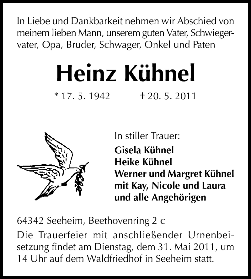  Traueranzeige für Heinz Kühnel vom 25.05.2011 aus Echo-Zeitungen (Gesamtausgabe)