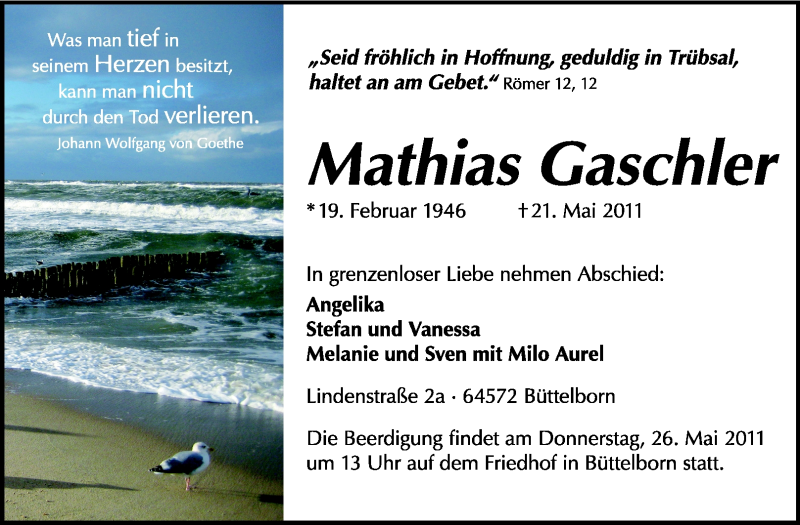  Traueranzeige für Angelika Gaschler vom 24.05.2011 aus Rüsselsheimer Echo, Groß-Gerauer-Echo, Ried Echo